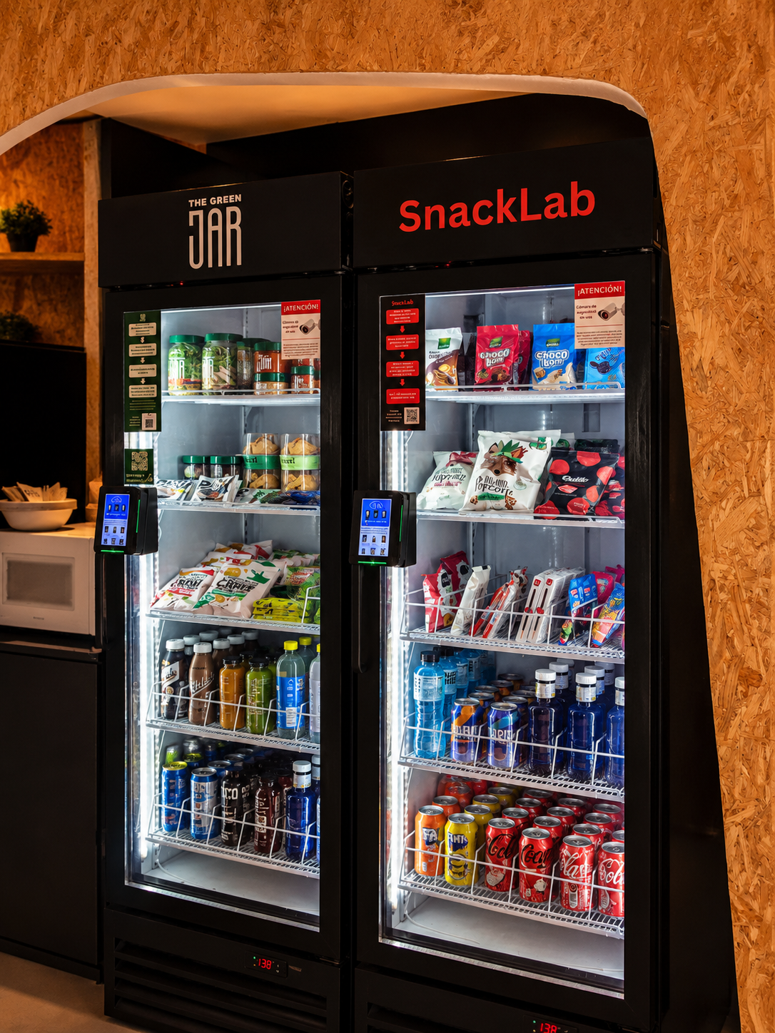 Neveras SnackLab y The Green Jar instaladas en una oficina, con snacks y bebidas